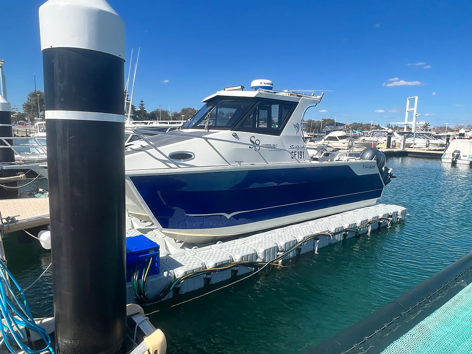 A boat is securely docked at a floating dock, gently resting on the calm water's surface.